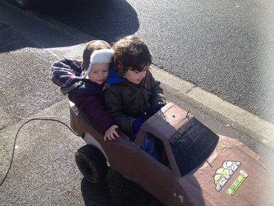 Max and Teddy Bop cruising in the old bodyshell - How the two seater Jeep plan came to mind